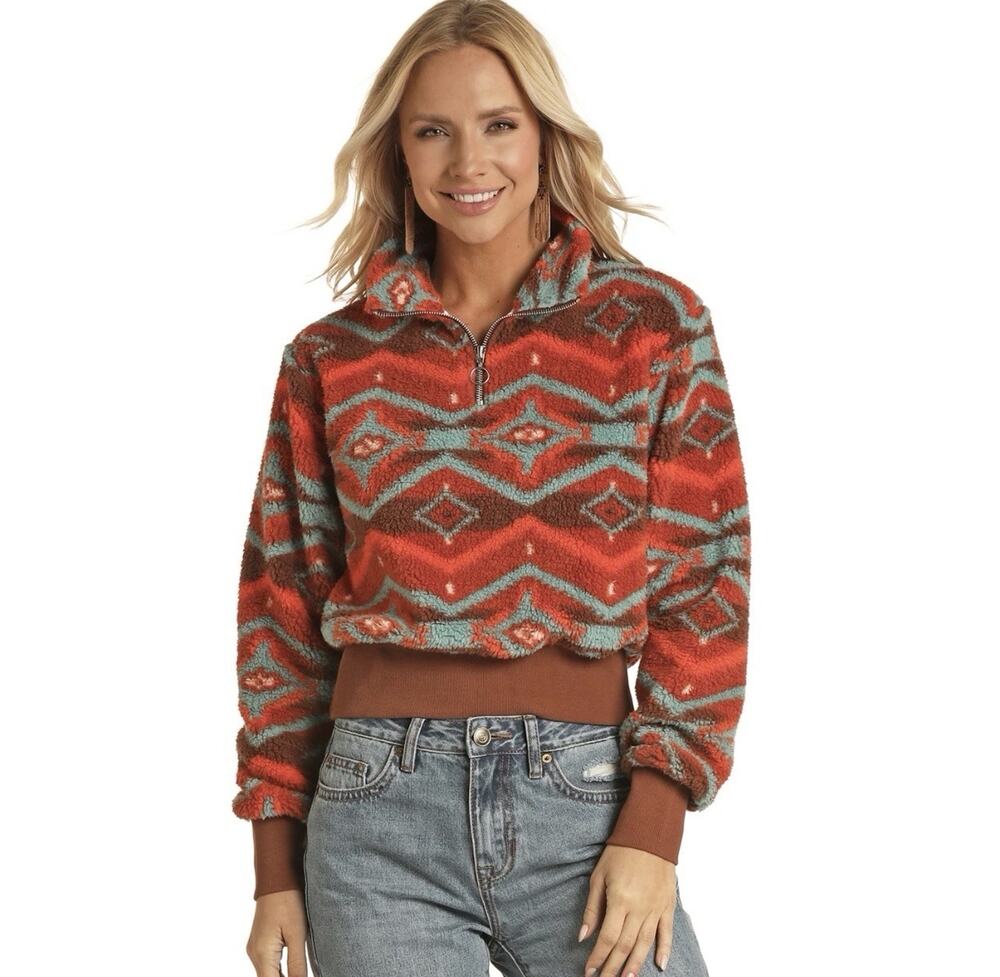 Rock & Roll Denim Women's Medium Aztec Sherpa Pullover 1/4 Zip Western Cropped